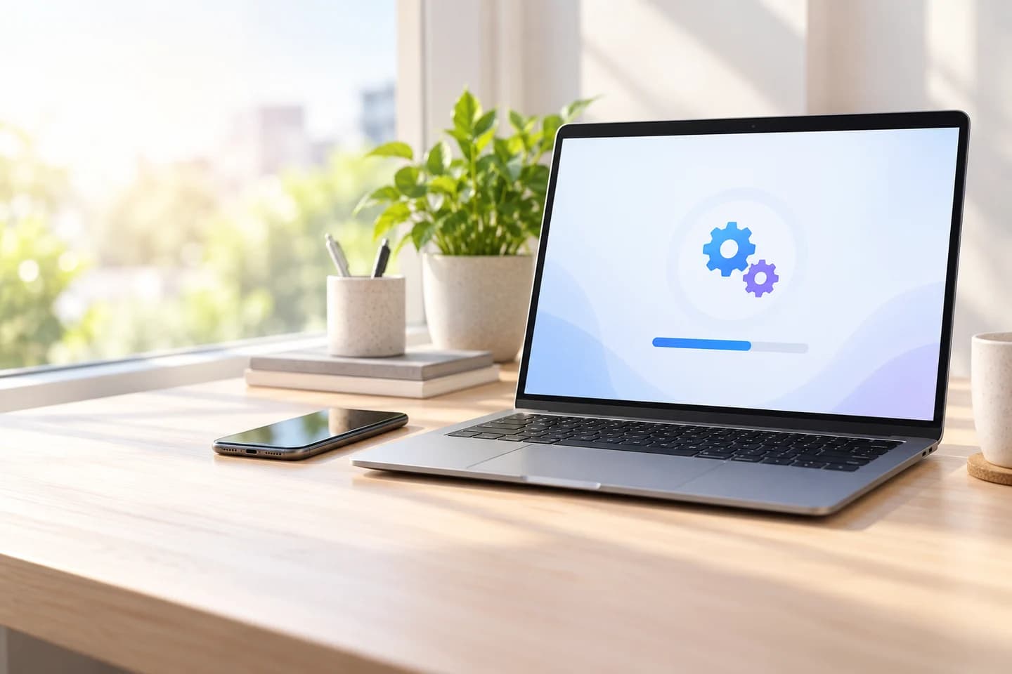 Laptop con una pantalla ilustrativa de configuración de software