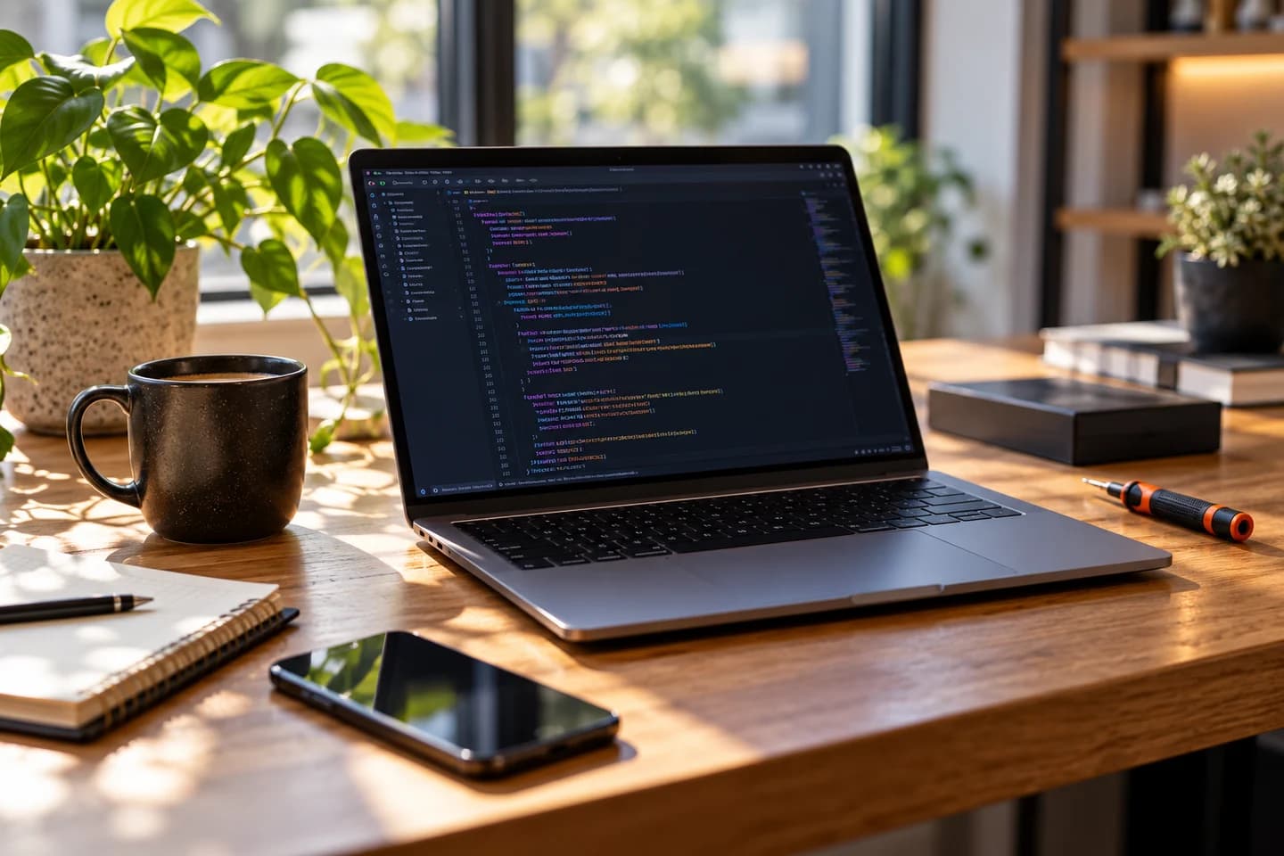 Escritorio con laptop, editor de código, teléfono y herramientas